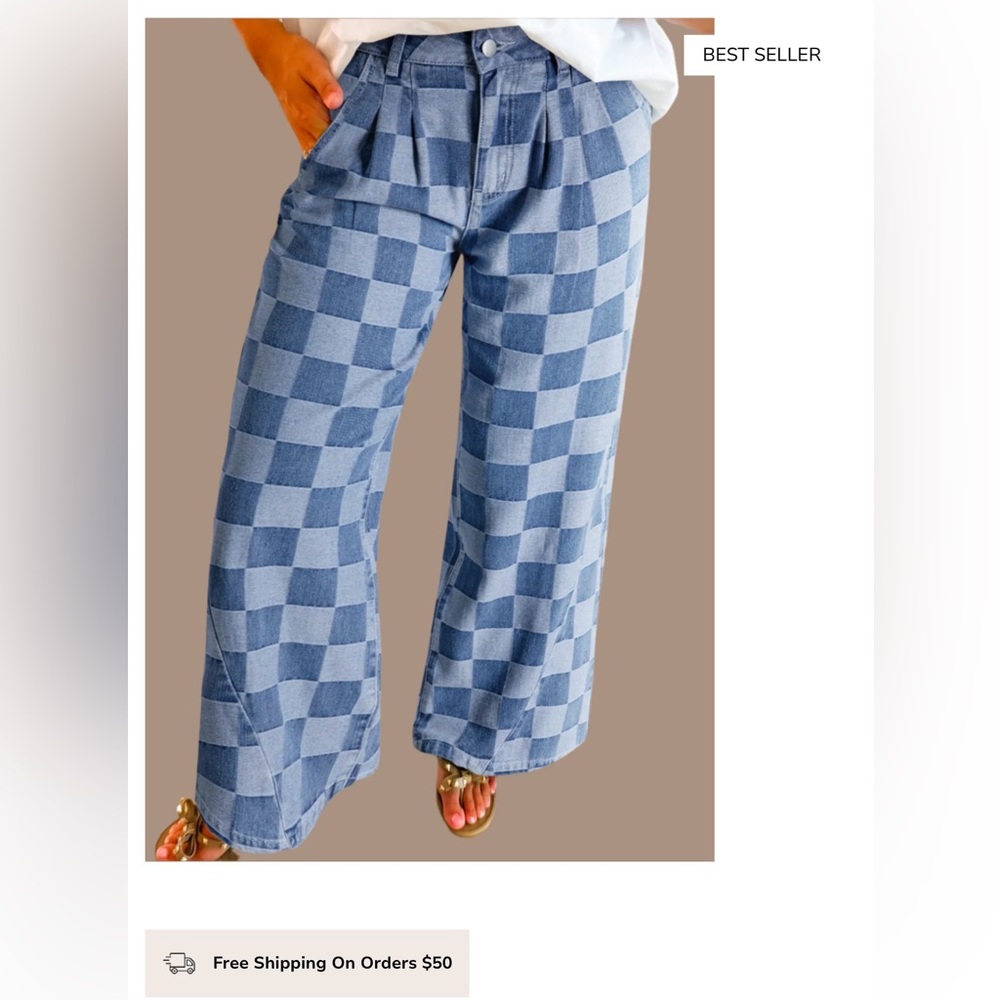 Checkered Blue Wide-Leg Pants